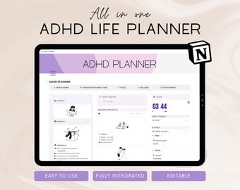 Modelo de planejador de vida Notion ADHD 2025, painel organizador digital para iPad tudo em um para calendário de rastreamento de hábitos pessoais diários neurodivergentes