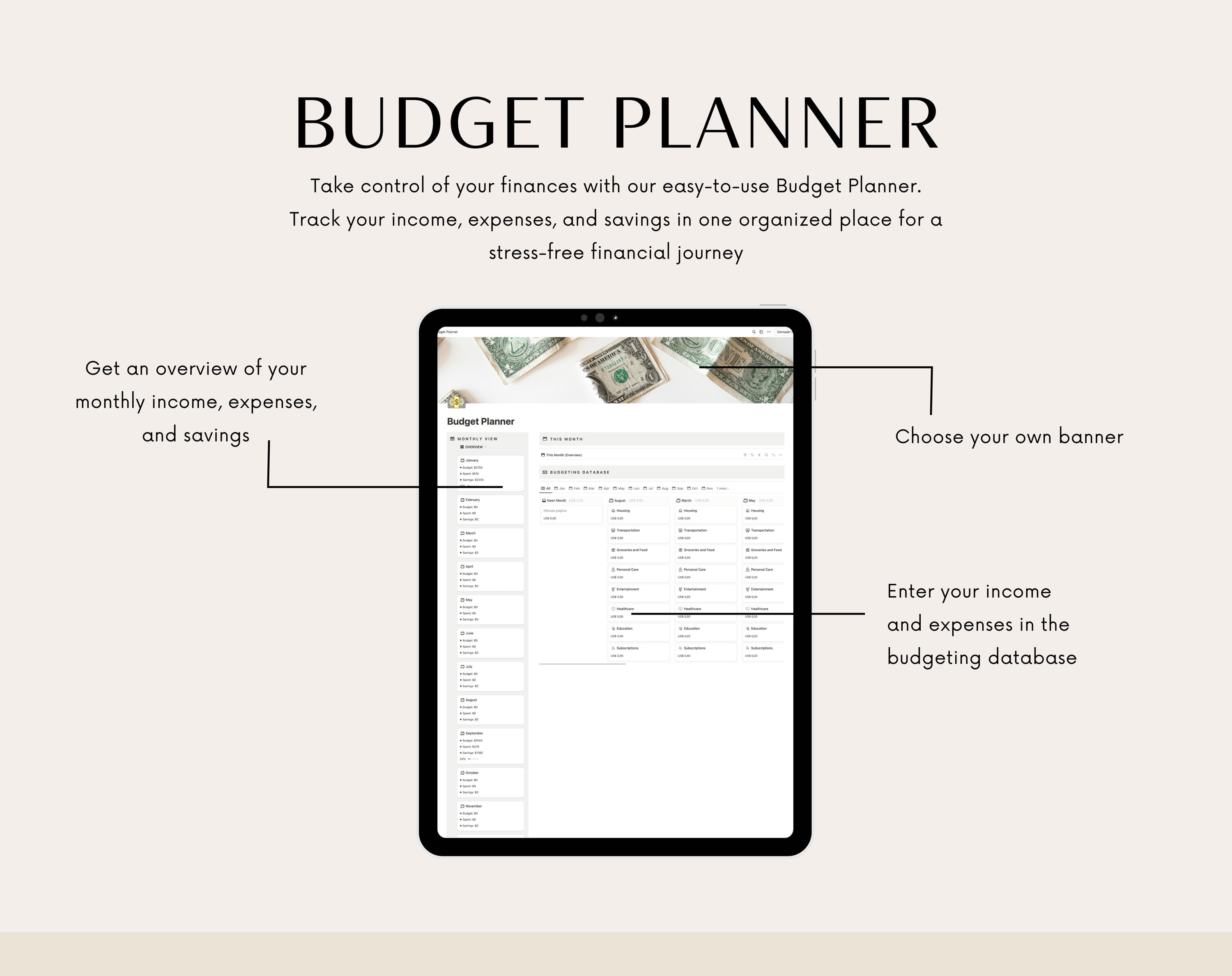 Monthly Budget Planner Notion, Personal Income and Expense Tracker ...