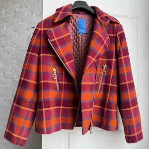 Vintage Escada Sport, 100% Wool, Plaid Coat, Moto Jacket, Full Zip, Orange Purple, Size 38, Quilted Lining, Zipper Pockets,Stylish Outerwear