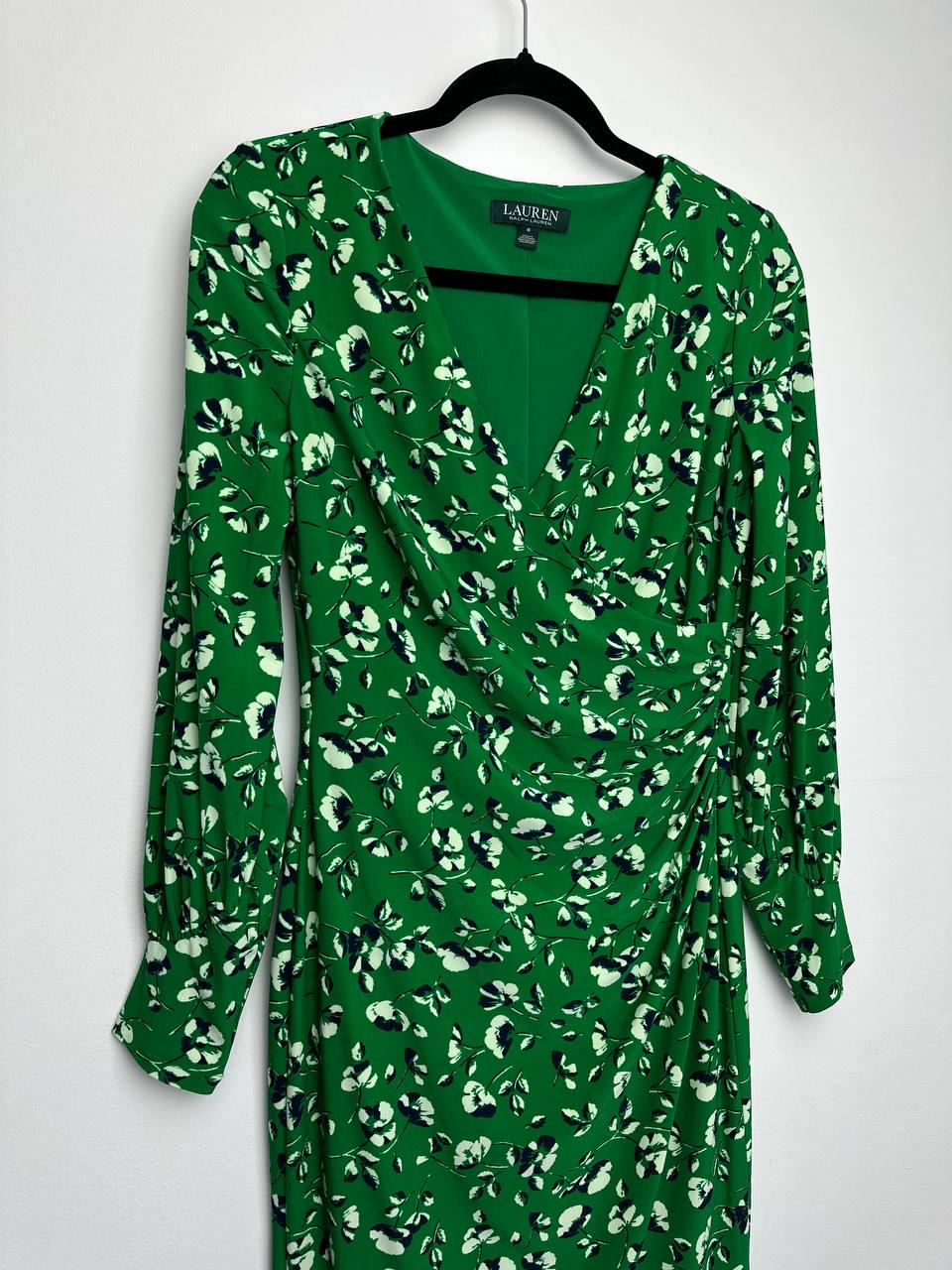 ralph lauren green floral dress Lauren Dress, Ruched V-neck, Size US 6 Filter Color:Green