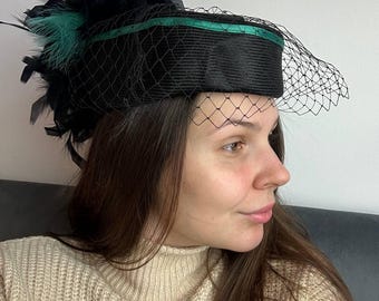 Emerald Green Vintage Half Hat: Feathered Wedding Church Hat with Veil