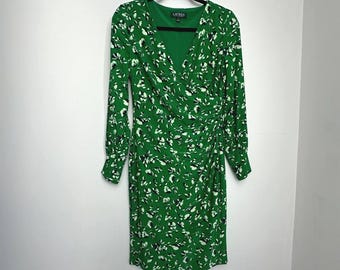 Vestido floral verde Lauren Ralph Lauren, escote en V fruncido, talla 6 (EE. UU.)