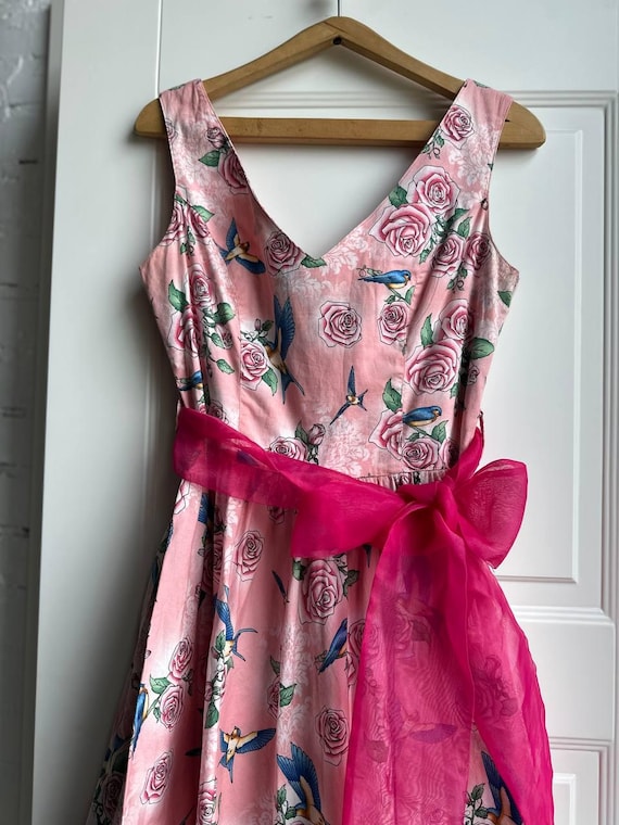 Pink Floral 50s Dress: Handmade Retro Bird Print Fit & Flare - Size S