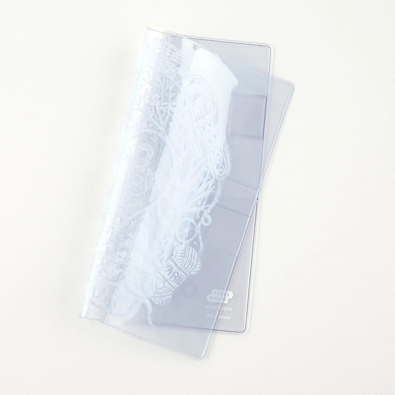 Puede incluir: Estuche transparente para agujas de tejer con un dise&ntilde;o de encaje blanco y la palabra "Yarn" impresa. El estuche est&aacute; parcialmente abierto, revelando el interior. Dise&ntilde;ado para guardar agujas de tejer y otros suministros de manualidades.