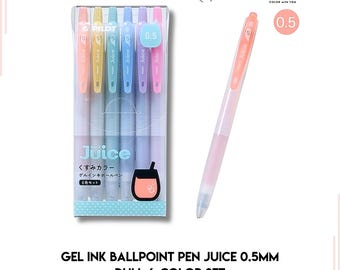 May include: A set of six pastel-colored gel ink ballpoint pens in a clear plastic package. The pens are labeled "Juice" and "くすみカラー" (meaning "muted colors"). The pens are 0.5mm and have a clear barrel with a pastel-colored ink refill.