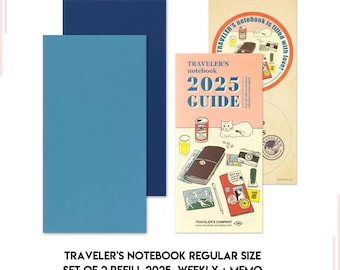 May include: Set of two Traveler's Notebook refills for 2025. The refills are in blue and navy blue and feature a weekly and memo format. The image also shows a 2025 guide with stickers to customise.