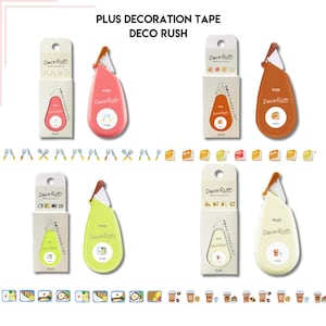 Puede incluir: Una colección de dispensadores de cinta decorativa Deco Rush en varios colores, incluyendo rosa, naranja, verde y crema. Cada dispensador tiene un diseño único y viene con una cinta decorativa a juego. El texto "PLUS DECORATION TAPE DECO RUSH" está presente.