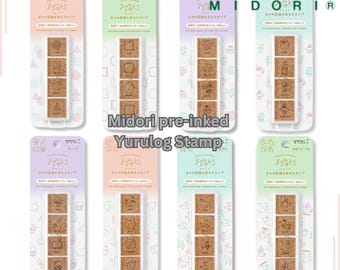 Midori New One Push Pre-inked Penetrating Stamp, Oil-based, Four Colors, with case, Yurulog DesignPhil stamps, Sweets, Cafe,Life,Forest,Cats