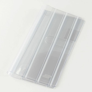 Puede incluir: Un portadocumentos de pl&aacute;stico transparente con detalles de rayas blancas verticales. El soporte tiene un borde curvo y un peque&ntilde;o recorte ovalado. El dise&ntilde;o es simple y funcional, ideal para organizar documentos.