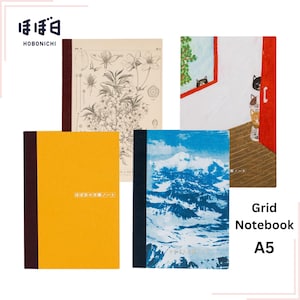 May include: Three different Hobonichi Techo grid notebooks. The first notebook has a botanical illustration on the cover. The second notebook has a mountain landscape on the cover. The third notebook has a cat illustration on the cover. All notebooks are A5 size.