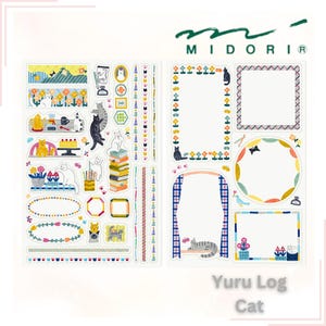 Puede incluir: Una hoja de pegatinas coloridas con gatos, flores y formas geométricas. Las pegatinas están diseñadas para usar en una agenda o diario. El texto "Yuru Log Cat" está impreso en la parte inferior de la hoja.