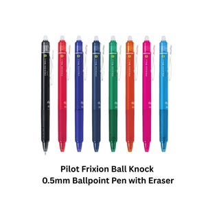 Pode incluir: Um conjunto de oito canetas esferográficas Pilot Frixion Ball Knock de 0,5 mm com borracha, nas cores preta, vermelha, azul, azul-marinho, verde, laranja, rosa e azul-claro. Cada caneta retrátil possui um clipe transparente e uma borracha.