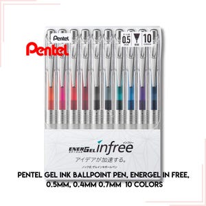 Bolígrafo de tinta en gel Pentel, ENERGEL IN FREE, tipo Knock, 0,5 mm, 0,7 mm, 0,4 mm, 10 colores, BLN75TL-10