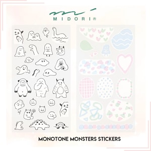 Pegatinas Midori Diary, 2 hojas DESIGNPHIL Patrón Monotone Monsters Pegatinas reutilizables DesignPhil