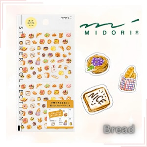 May include: A sheet of stickers featuring various illustrated bread and bakery items. The stickers are on a white background with a yellow border. The text "STICKER COLLECTION" is on the left side of the sheet. The text "MIDORI" is on the top right corner of the sheet. The text "Bread" is on the bottom right corner of the sheet. The text "手帳の予定を楽しく彩る小さなシールです" is in Japanese on the sheet.