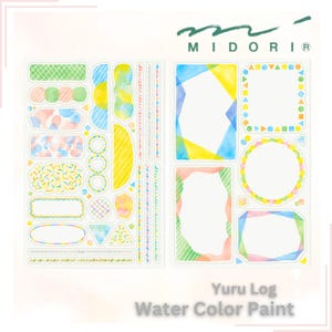 Puede incluir: Una hoja de pegatinas de acuarela de colores con varias formas y marcos. Las pegatinas están diseñadas para su uso en diarios, planificadores y otros proyectos creativos. Las pegatinas presentan una variedad de colores, incluyendo rosa, azul, amarillo y verde. El texto "Yuru Log Water Color Paint" está impreso en la parte inferior de la hoja.