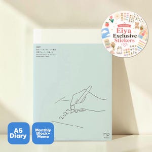May include: A light blue 2027 A5 MD notebook diary with a monthly block and memo layout. The cover features a line drawing of a hand writing the year 2027. A circular sticker in the top right corner includes the text Eiya Exclusive Stickers.