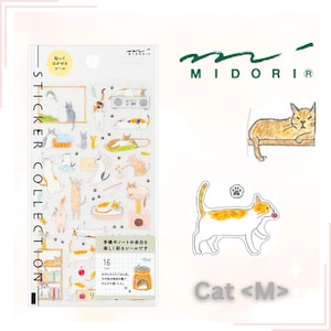 Op de afbeelding: Een vel met 16 kleurrijke katten stickers met verschillende poses en activiteiten. De stickers zijn op een witte achtergrond met de tekst "Sticker Collection" en "Cat <M>" in zwart.
