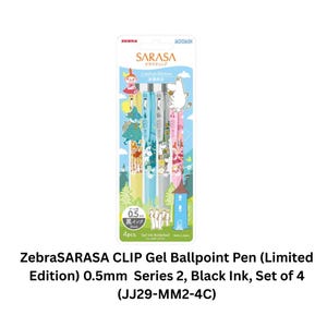 May include: A set of four Zebra Sarasa Clip gel pens in a limited edition Moomin themed package. Each pen features a 0.5mm tip with black ink. The pens are displayed in a vertical row on a cardboard backing with colorful character illustrations.