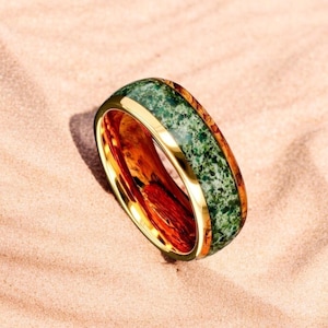 Moss Agate Gold Tungsten Men Wedding Band | Natural Unique Cosmos | Tungsten Wedding Ring | Agate Ring | Men Wedding Band | Engagement Ring