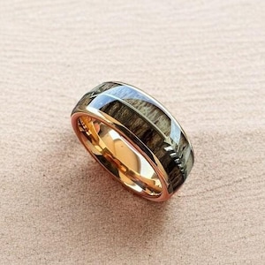 Handmade Koa Wood Ring: Deer Antler Arrow Inlay, Rose Gold Wedding Band