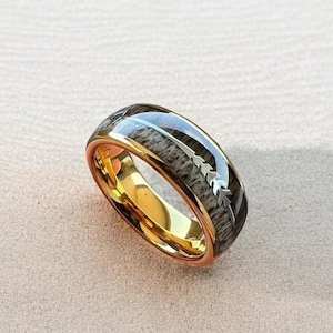 Wood & Deer Antler Ring Men Wedding Band with Arrow Inlay, Deer Antler 8mm Men Ring, Gold Ring, Unique Koa Wood Gold Ring for Men