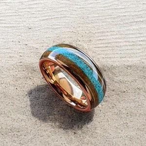 Turquoise Crushed Blue Rose Gold Wedding Ring, Turquoise Band, Rose Gold Men Jewelry, Whiskey Barrel Hammered  Ring, Turquoise Wedding Ring