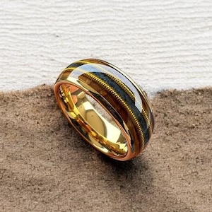 Lapis Lazuli & Hawaiian Koa Wood Wedding Band | Gold Guitar String Ring | Guitarist Bands | Musician Ring, Guitarist Ring | 8mm |