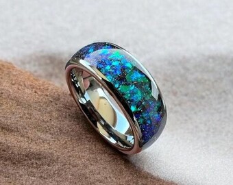 Anillo de tungsteno con fragmentos azules, alianza de plata de 8 mm, anillo de piedra azul, anillo de piedra de nacimiento, anillo de bodas, anillo de compromiso, anillo único para hombre