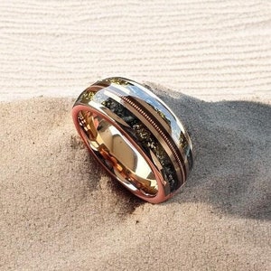 Meteorite & Gold Leaf with Guitar String inlay Wedding Ring | Rose Gold Band | Tungsten Men Wedding Band | Promise Ring For Him and Her