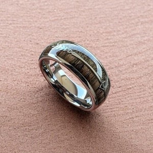 Wood & Deer Antler Ring Men Wedding Band with Arrow Inlay, Deer Antler Silver 8mm Men Ring, Silver Ring, Unique Koa Wood Ring for Men