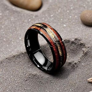 Dark Red Opal with Crushed Meteorite 8mm Black Man Wedding Band | Unique Wedding Promise Band | Opal Inlay Male Ring | Black Tungsten Band