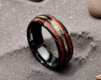 Black Tungsten Wedding Band, Red Opal & Meteorite Band, Black Men Ring, Red Opal Ring, Men Meteorite Ring, 8mm Domed Ring, Wedding Ring Box