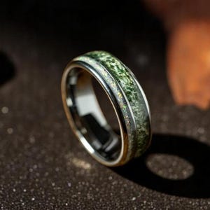 Moss Agate & Crushed White Opal Silver Man Wedding Band | Natural Unique Cosmos | Cosmic Galaxy Ring | Fire Opal Wedding Band | 8mm Bands
