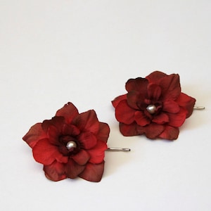 Set of 2 burgundy red delphinium flower hair pins, bridal, bridesmaids hair pieces image 1