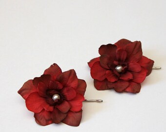 Set of 2 burgundy red delphinium flower hair pins, bridal, bridesmaids hair pieces