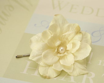 Ivory delphinium hair pin, bridal, bridesmaids hair piece