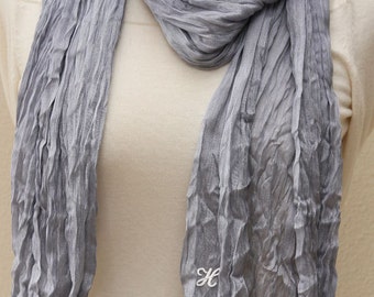 Sheer gray wrinkly scarf, shawl, wrap with monogram, bridesmaids gifts