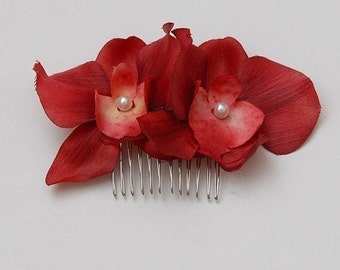 Red Orchid flowers hair comb with pearl center, any occasion, hairpiece