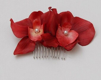 Red Orchid flowers hair comb, any occasion, wedding, bridesmaid, hairpiece