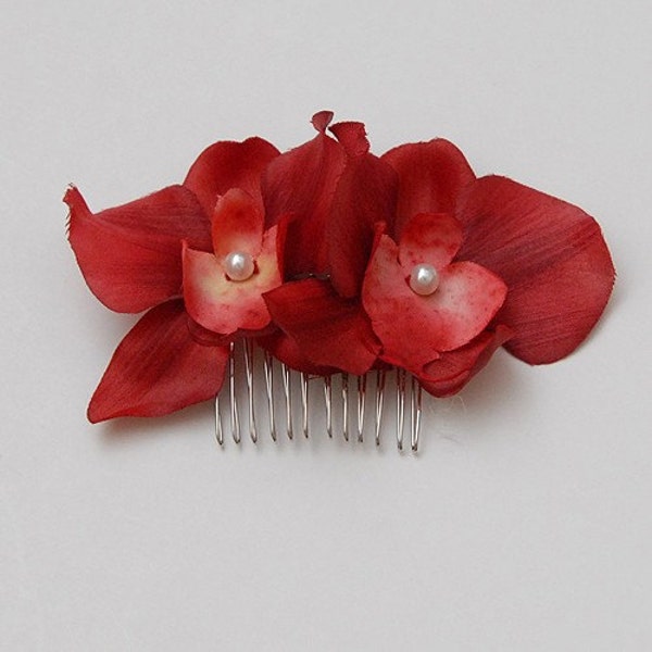 Red Orchid flowers hair comb, any occasion, wedding, bridesmaid, hairpiece