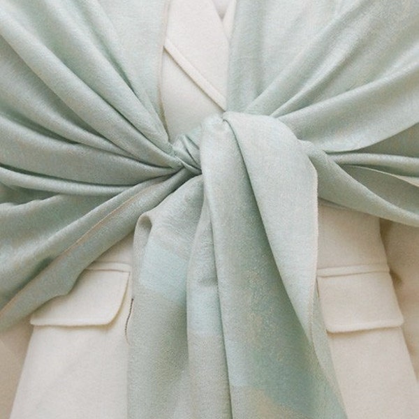 Pale cyan, aqua and beige paisley woven shawl, bridesmaids gifts, weddings gift, bridal party, christmas gifts