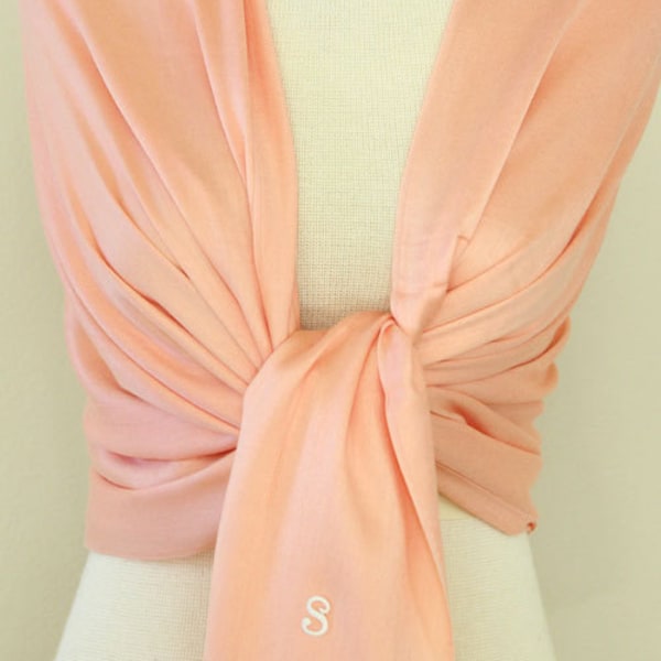 Custom order - 6 Peach colored pashmina shawl scarf, bridesmaid monogrammed gift