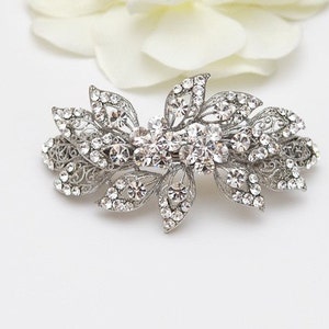 Hair barrette, clear crystal and rhinestone hairpiece, flower, leave design, bridal