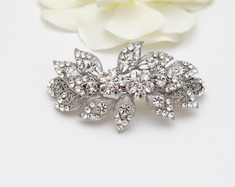 Hair barrette, clear crystal and rhinestone hairpiece, flower, leave design, bridal