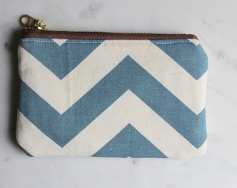 Blue zipper pouch, fabric coin purse, blue chevron coin purse, small zipper pouch, credit card pouch, gifts for her, small money wallet