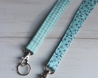 Blue Floral Lanyard, Blue Gingham Lanyard, ID Badge Lanyard, Key Lanyard, ID Badge Holder, Fabric Lanyards, Teacher Lanyards, Gifts Under 10