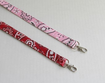 Pink White Lanyard - Red Bandana Lanyard - Long Key Lanyard - ID Strap- Teacher Lanyard- Cute Boho Lanyard -Fabric Lanyard - Paisley Lanyard