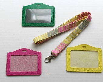 Badge ID Holder / Green Vinyl Holder / Yellow ID Badge / Vinyl Sleeve / Lanyard Badge Holder/Teacher ID Holder/Horizontal Vinyl Card Sleeve