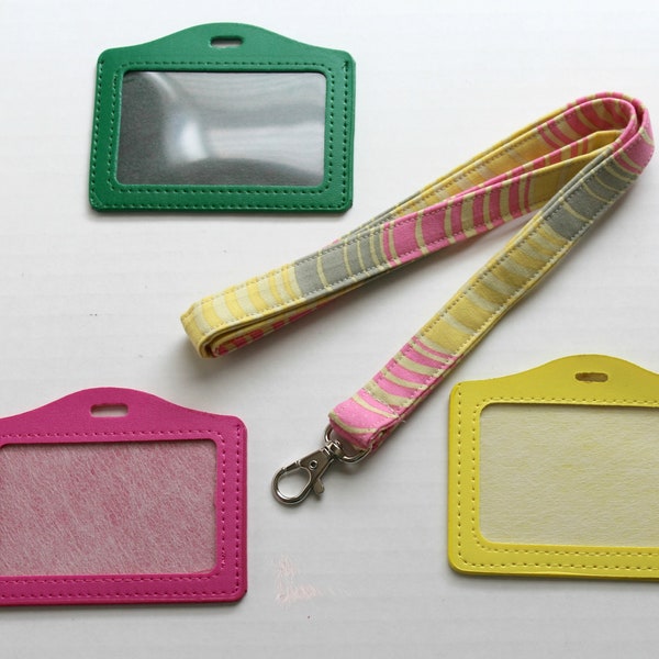 Badge ID Holder / Green Vinyl Holder / Yellow ID Badge / Vinyl Sleeve / Lanyard Badge Holder/Teacher ID Holder/Horizontal Vinyl Card Sleeve